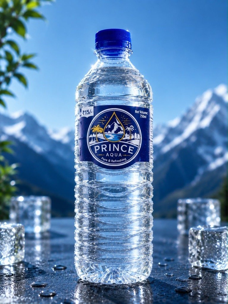 Prince Aqua bottle with the royal navy and gold crest label