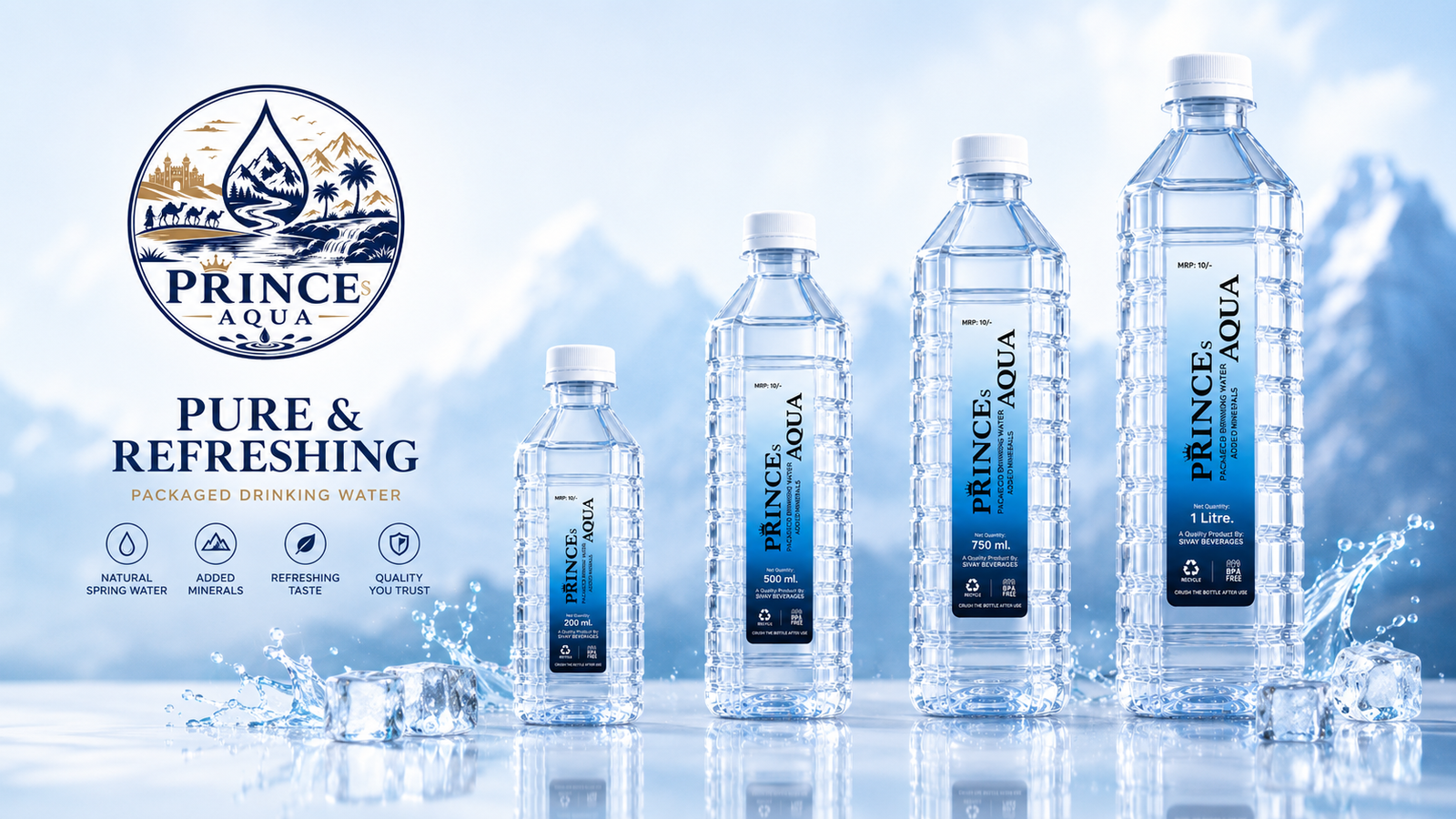 The full range of Prince Aqua bottle sizes