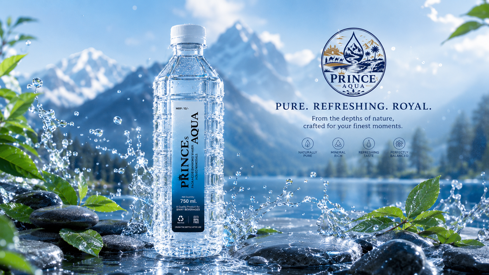 Prince Aqua 750 ml bottle beside a mountain lake
